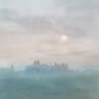 Fototapete Hazy Hush: Landschaft mit Nebel, Bäumen, Mond und Vogelschwarm.