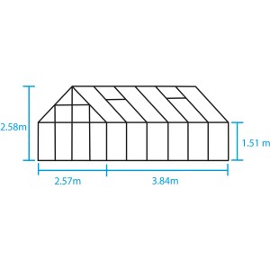 Skizze Halls Gewächshaus Magnum 128 schwarz mit Maßangaben, 9,9 m² inkl. Fundamentrahmen.
