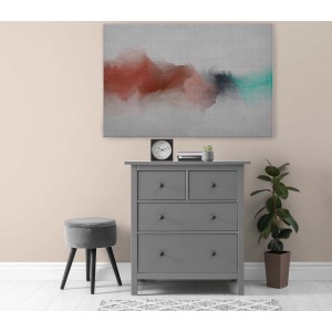 Modernes Wandbild mit Farbverlauf in Blau und Rot über einer grauen Kommode im Wohnzimmer.