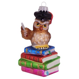 Weihnachtsornament: Eule als Lehrer auf Bücherstapel, 10cm. Krebs Glas Lauscha Christbaumkugel.
