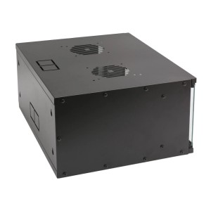 Schwarzer HMF 4HE Serverschrank / Netzwerkschrank, unmontiert, mit Lüftungsschlitzen.