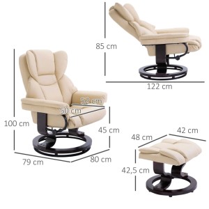 Cremefarbener HOMCOM Relaxsessel mit Hocker, drehbar, Liegefunktion, Kunstleder, dunkle Basis, Maße.