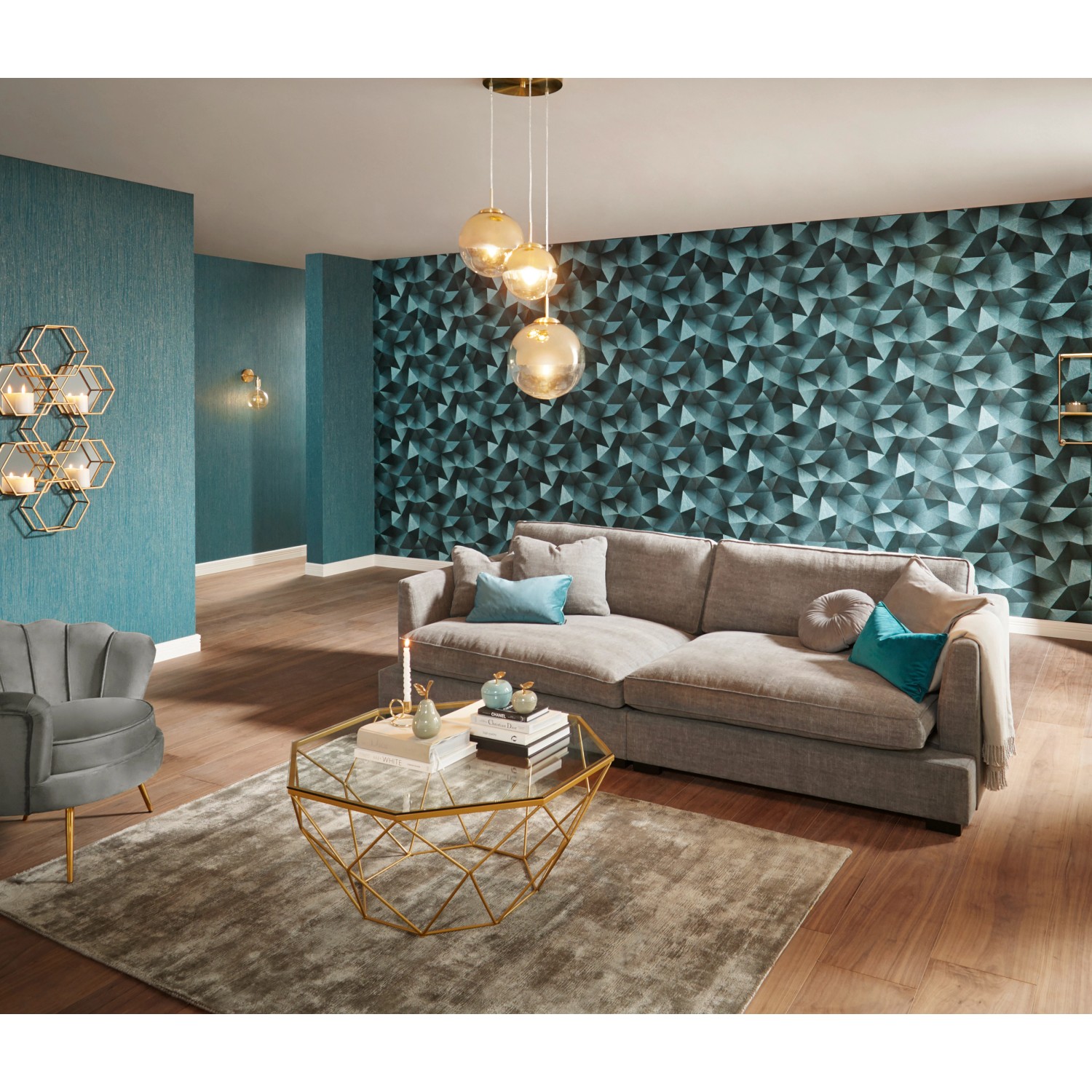 Wohnraum mit Erismann Vliestapete Guido Maria Kretschmer Fashion for Walls 3 Grafik Petrol.