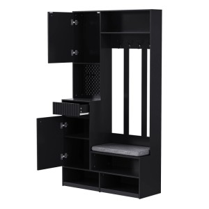 Schwarzes Garderoben Set mit Sitzbank, 4 Haken, offenen Türen und Schublade. Praktische Flurlösung für den Eingangsbereich.