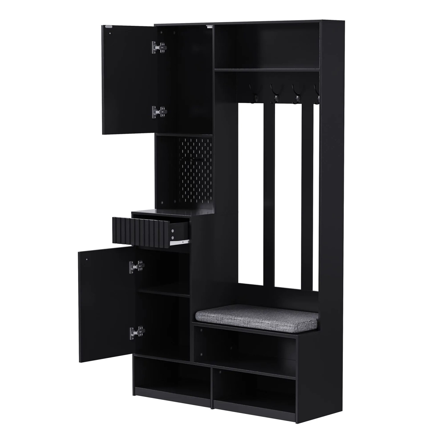 Okwish Garderoben Set Mit Sitzbank 4 Haken Türen Schubladen 100x180x35cm Schwarz