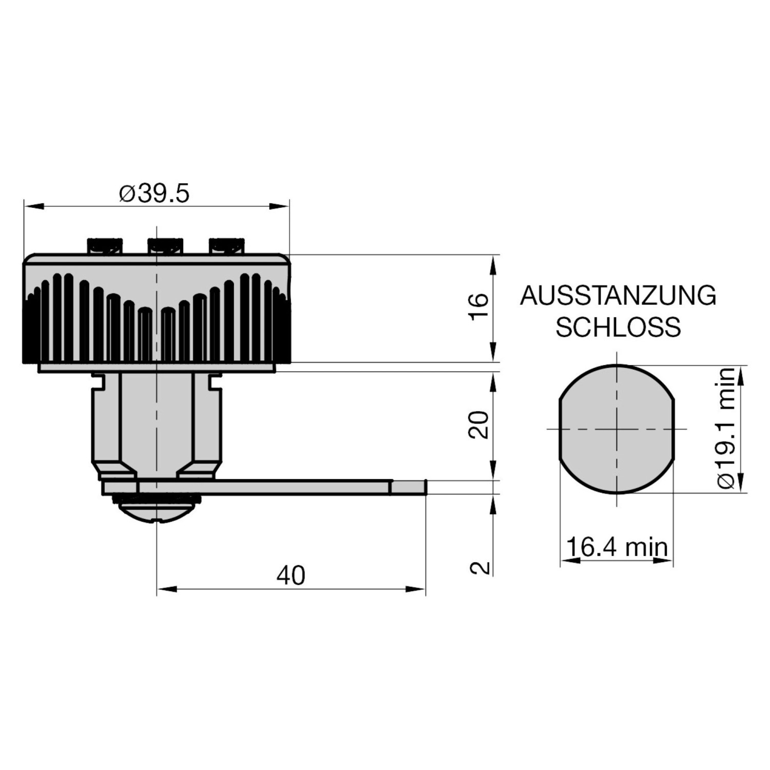Technische Zeichnung: Basi Hebelschloss HS 362 mit Maßen für Spinde und Schubladen.