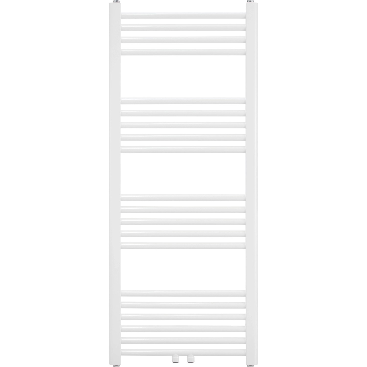 Weißer Badheizkörper Wuppertal MA 453W, 120x50 cm, mit horizontalen Heizsprossen.