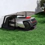 Schwarze Dreame Mähroboter Garage aus Stahl und Plexiglas zum Schutz vor Witterungseinflüssen.