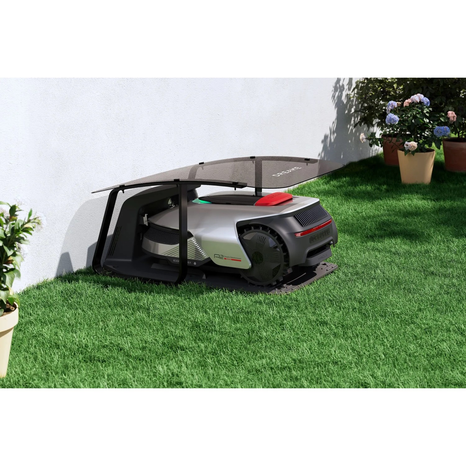Schwarze Dreame Mähroboter Garage aus Stahl und Plexiglas zum Schutz vor Witterungseinflüssen.