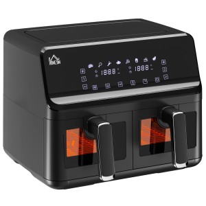HOMCOM Heißluftfritteuse, schwarz, mit zwei Körben und digitalem Display. Haushaltsgerät für knusprige Speisen.