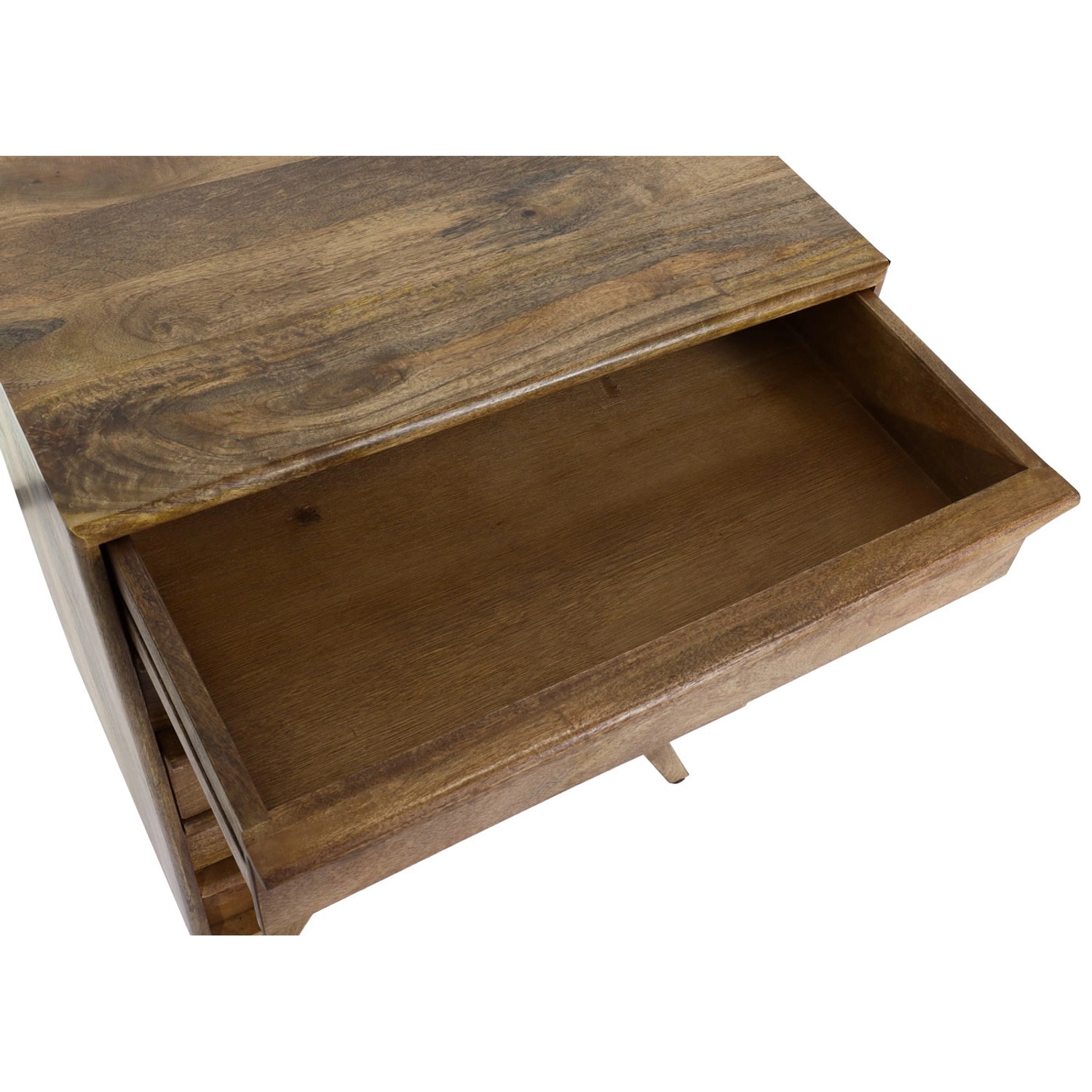 Detailaufnahme: MCW Highboard L96 Schubladenkommode aus Mangoholz mit offener Schublade.