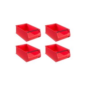 PROREGAL SuperSparSet: 4 rote Sichtlagerboxen (21,8L) mit Griffstange für Aufbewahrungssysteme.