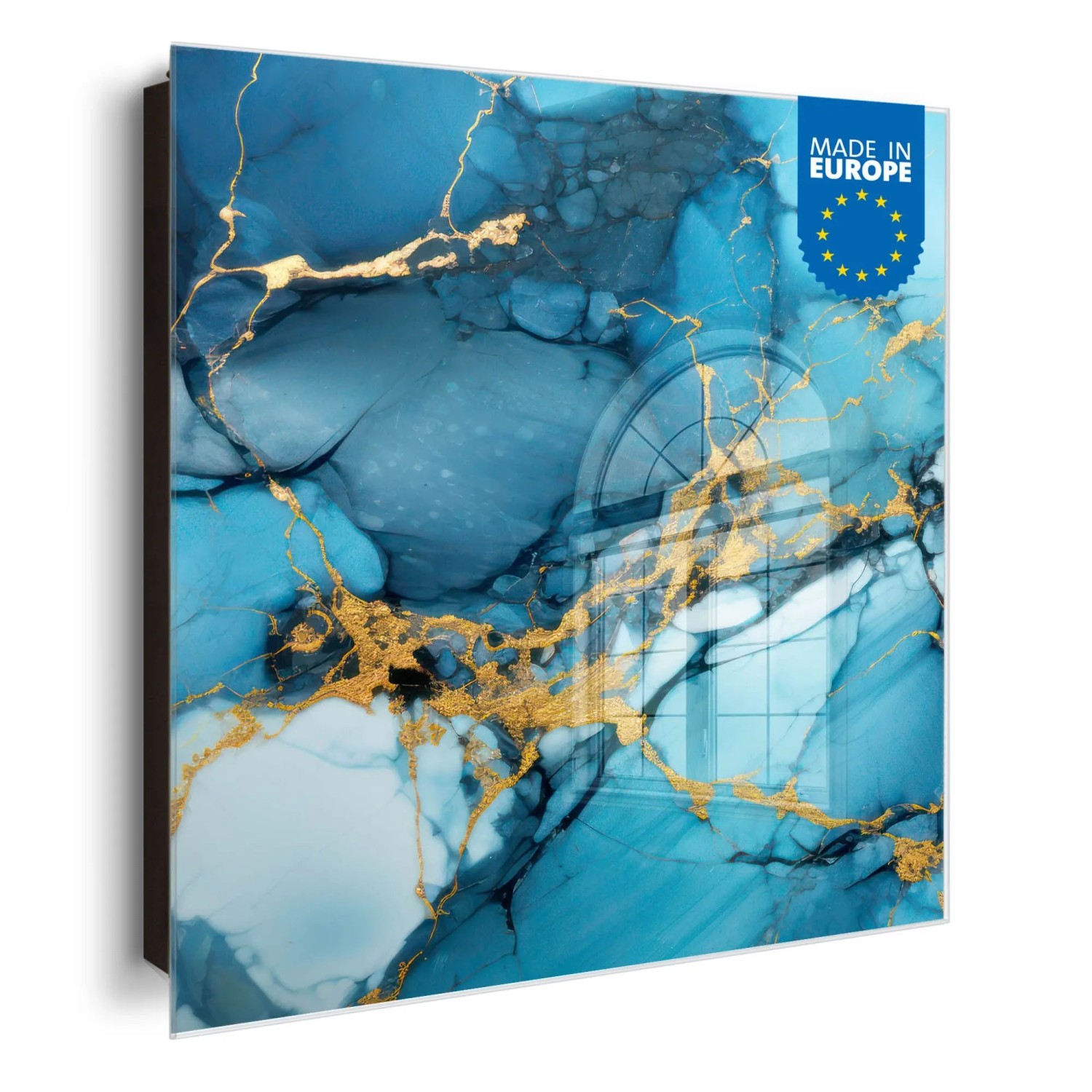 Banjado Großer Schlüsselkasten Glas 30x30cm Schwarz Scharnier Rechts 50 Haken Beschreibbar Magnetisch Motiv Blauer Marmo...