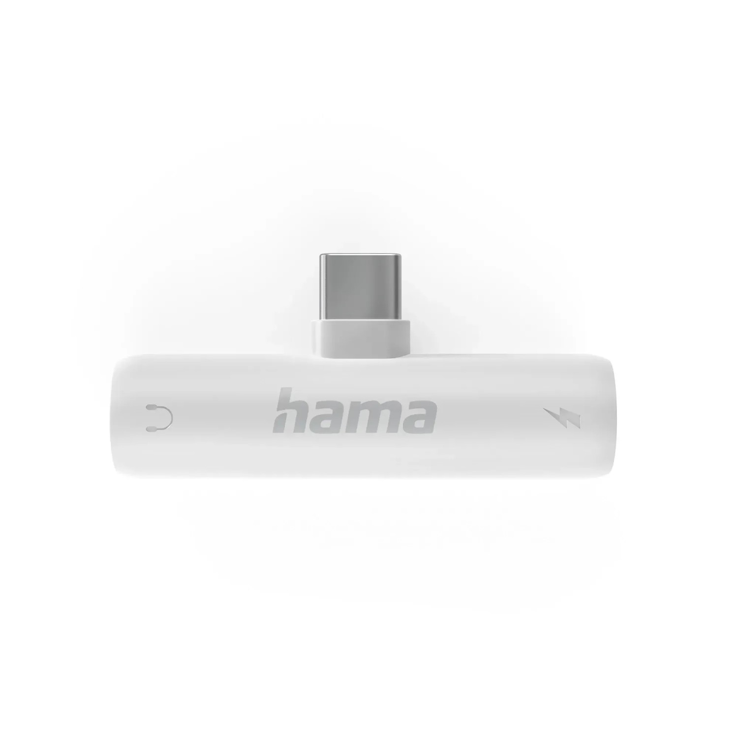 Weißer Hama Audio-Adapter USB-C auf 3,5 mm Klinke mit Ladefunktion.