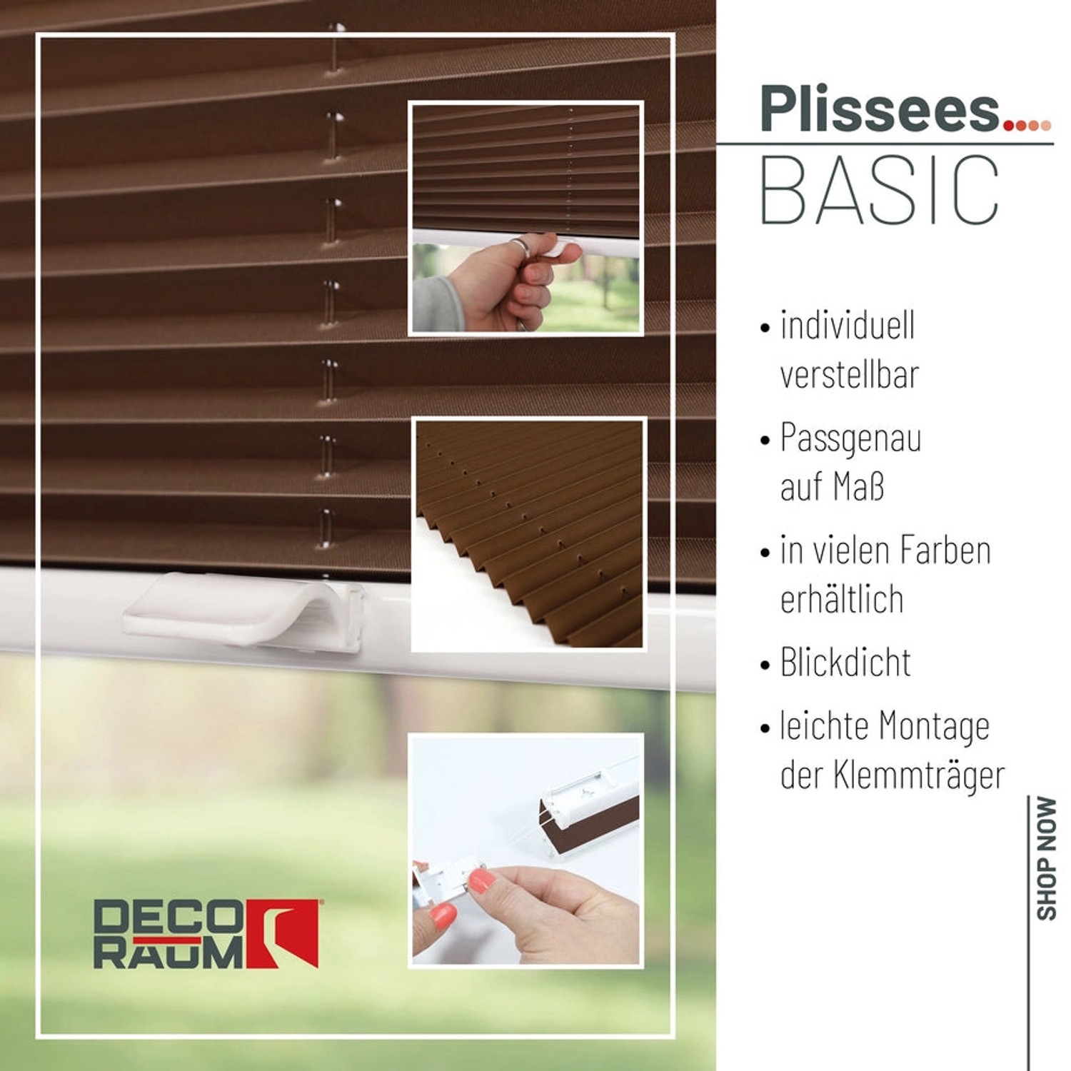 Blickdichtes, braunes Deco-Raum Plissee Basic 50x150 cm mit Klemmfix-Montage.