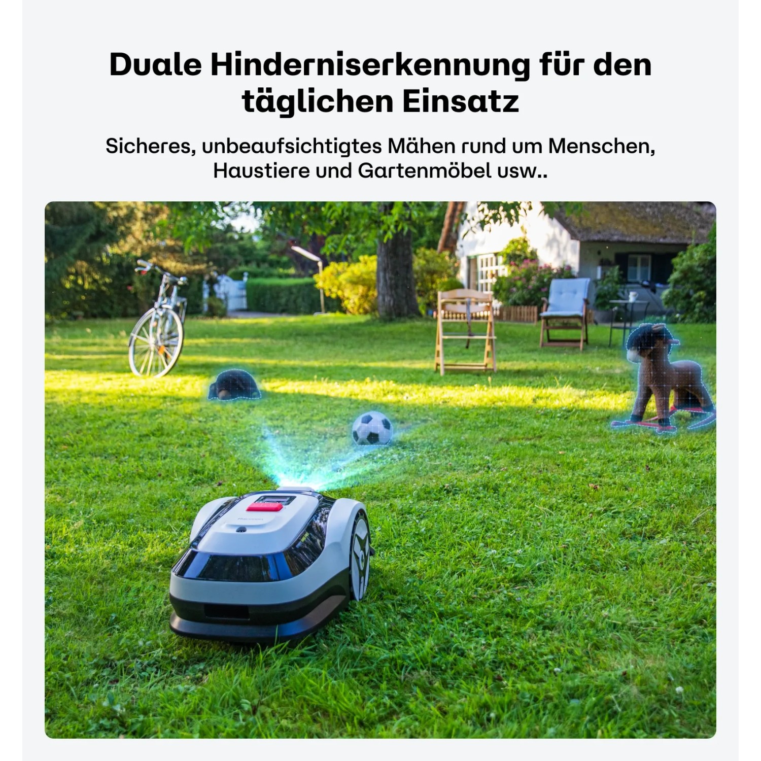 RoboUP Raccoon 2 SE Mähroboter auf Rasen, erkennt zuverlässig Hindernisse wie Ball, Fahrrad und Spielzeug. Sicheres Mähen.