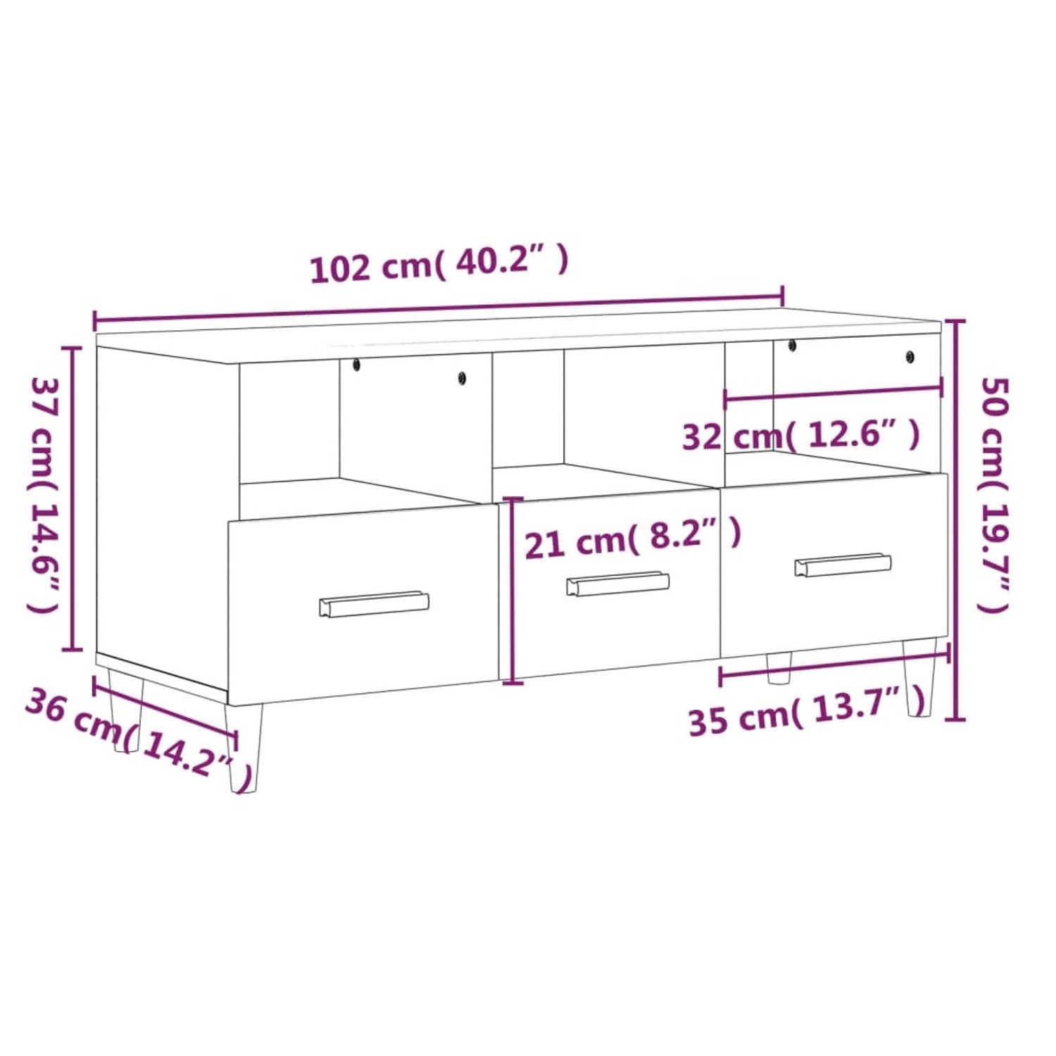 VidaXL TV-Schrank, schwarz, 102x36x50 cm, Holzwerkstoff, Modell 1. Abmessungen des TV Schranks.