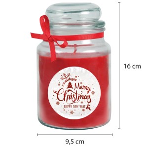 Rote HS Candle Duftkerze im Glas mit Weihnachts-Motiv und Schleife, Brenndauer 110h.