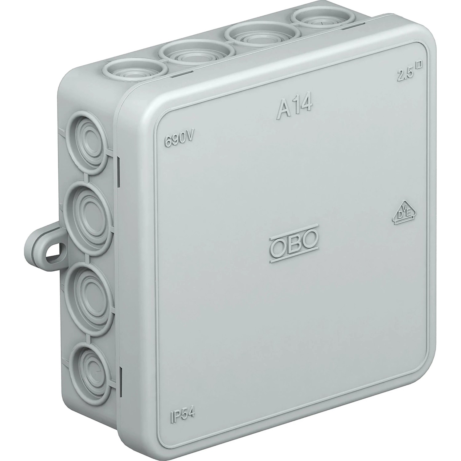 Aufputz Abzweigkasten A 14 von OBO, lichtgrau, IP55 Schutz für Elektroinstallationen.