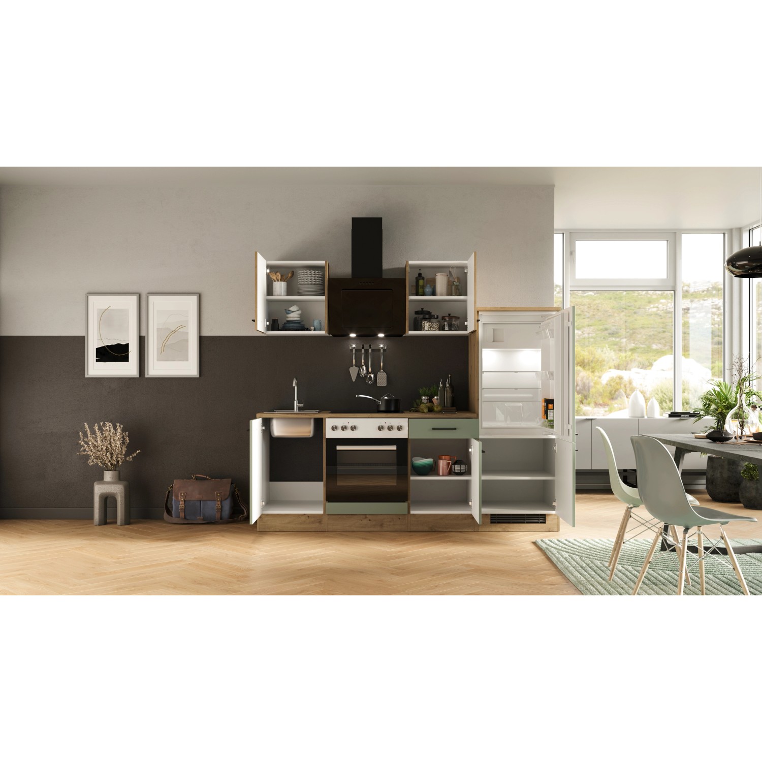 Flex-Well Küche Cara, 220 cm, schilfgrün/Artisan Eiche, mit E-Geräten und Spüle.