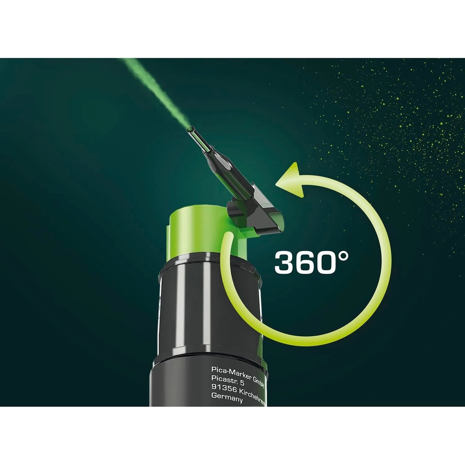 Pica Powder Bohrloch-Spraymarker mit grünem Sprühpulver und 360° drehbarem Sprüharm für präzise Markierungen.