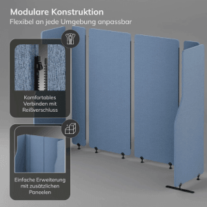 Blaue DELUKE Akustik Trennwand mit modularem Aufbau und Reißverschluss-Verbindung für Büro und Open Space.