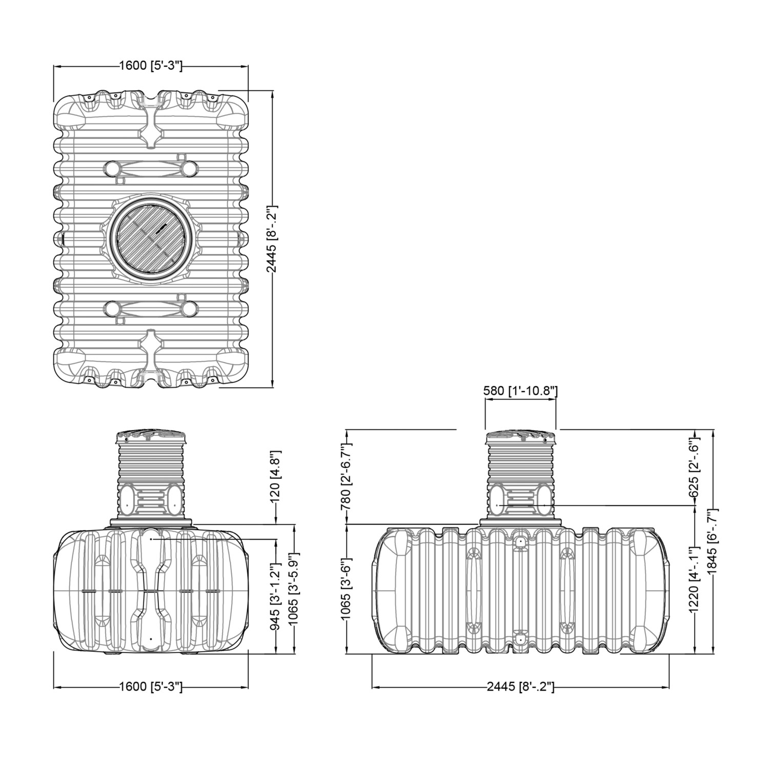 Technische Zeichnung: 4rain Zisterne Set Flat M 3000 l, Maße und Details zum Erdtank Garten-Comfort.