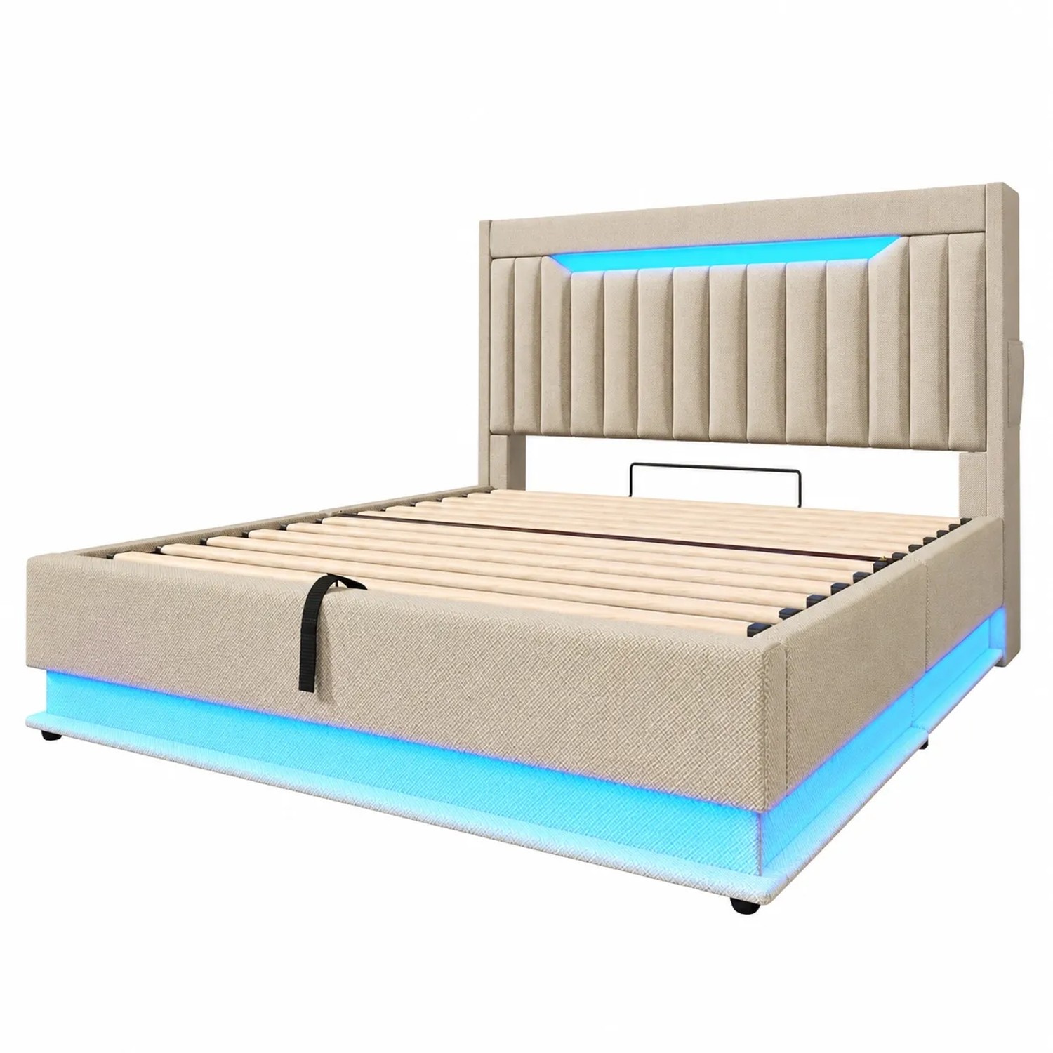 Okwish Polsterbett 140x200cm Mit Led Stauraum Einzelbett Beige Mit Matratze