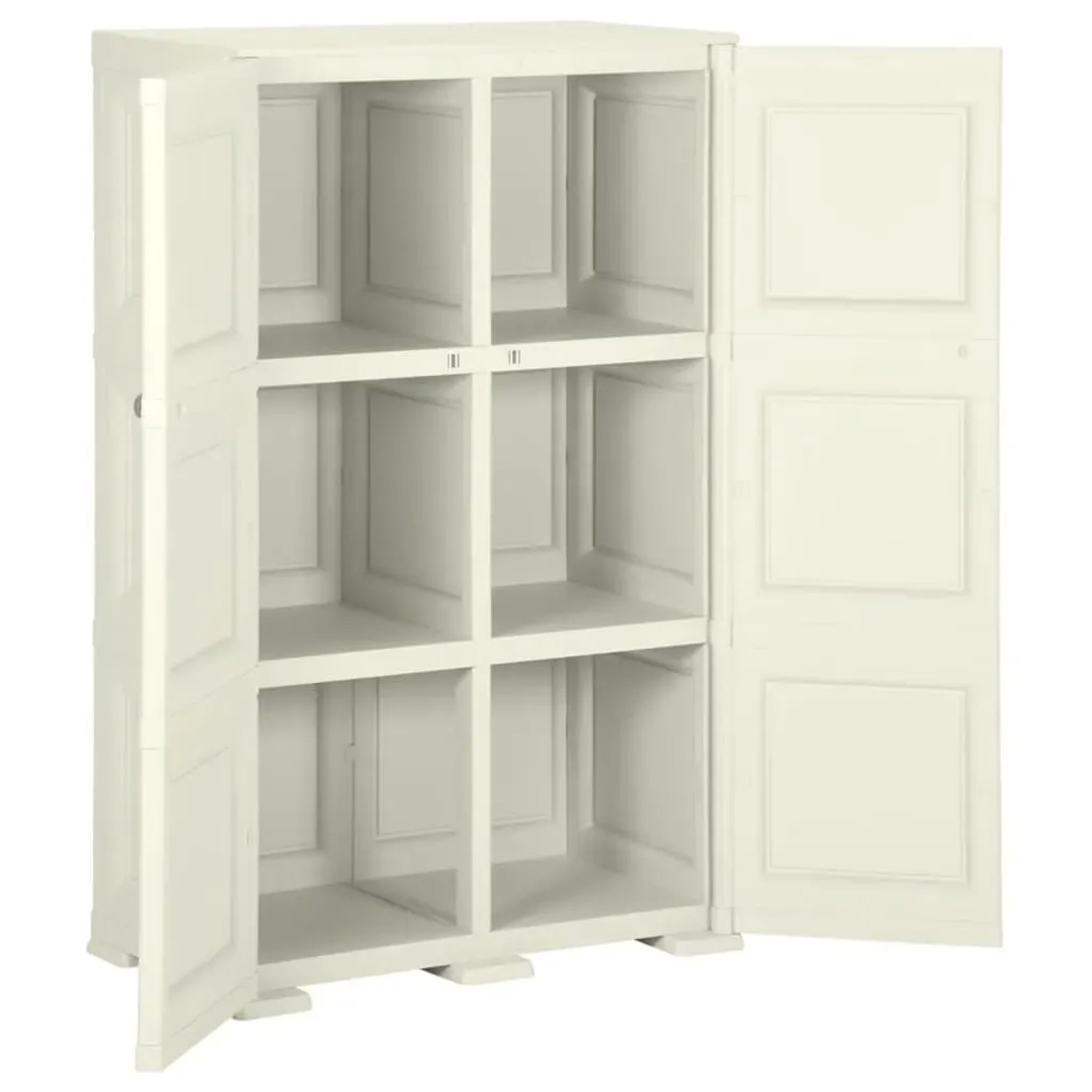 Offener, vanilleeis-farbener Kunststoff-Büroschrank (79x43x125 cm) mit Holzeffekt und Einlegeböden.