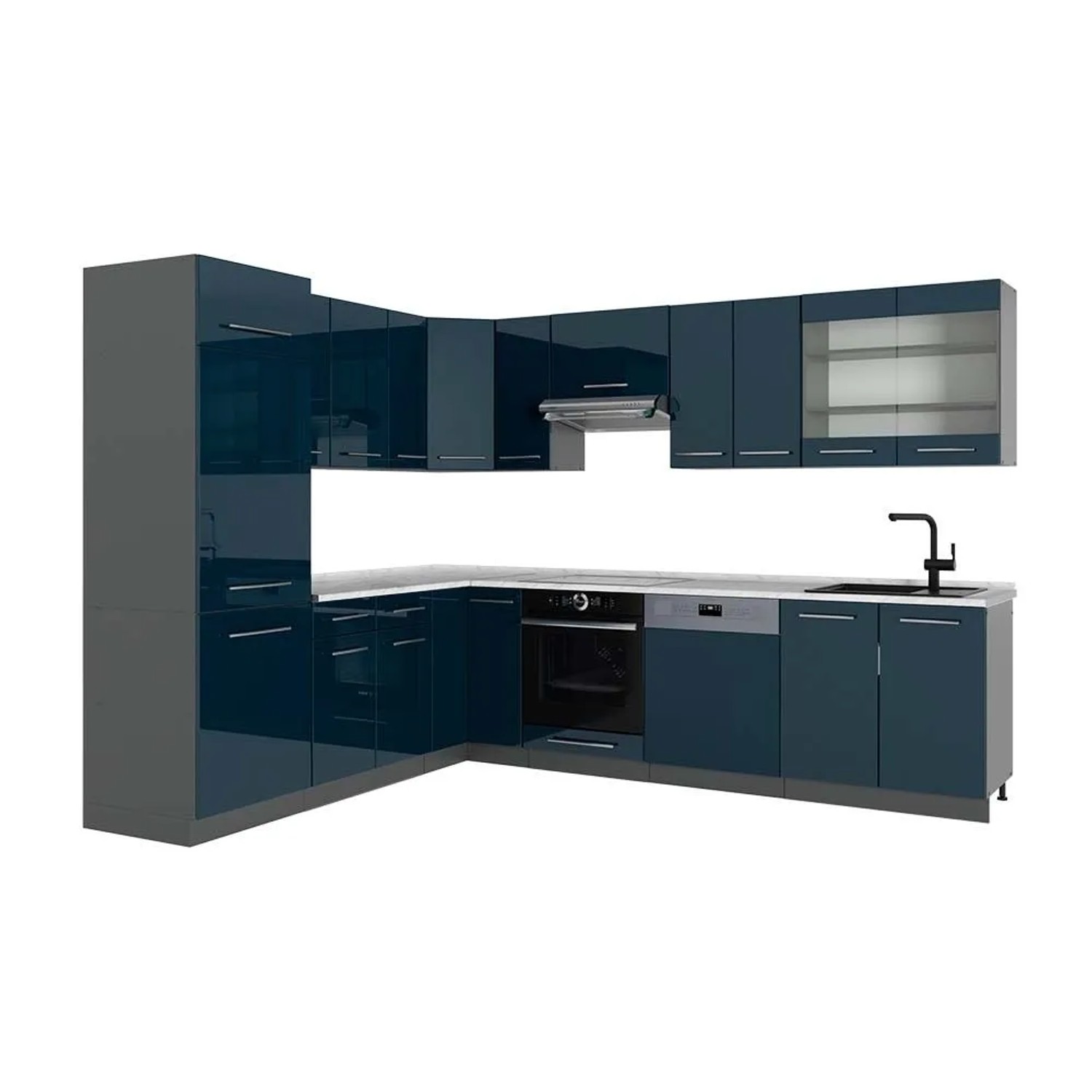 Vicco Eckküche Fame-Line Dunkelblau Hochglanz/Anthrazit 287 x 82, AP Marmor
