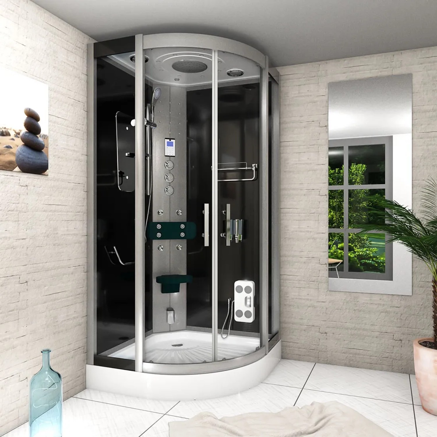 AcquaVapore Duschkabine 100x100 cm mit schwarzer Rückwand, Regendusche und Massagedüsen.