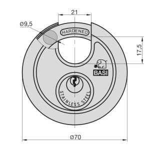 Technische Zeichnung: Basi Rundbügelschloss aus Edelstahl, Durchmesser 70mm, Details zu Maßen.