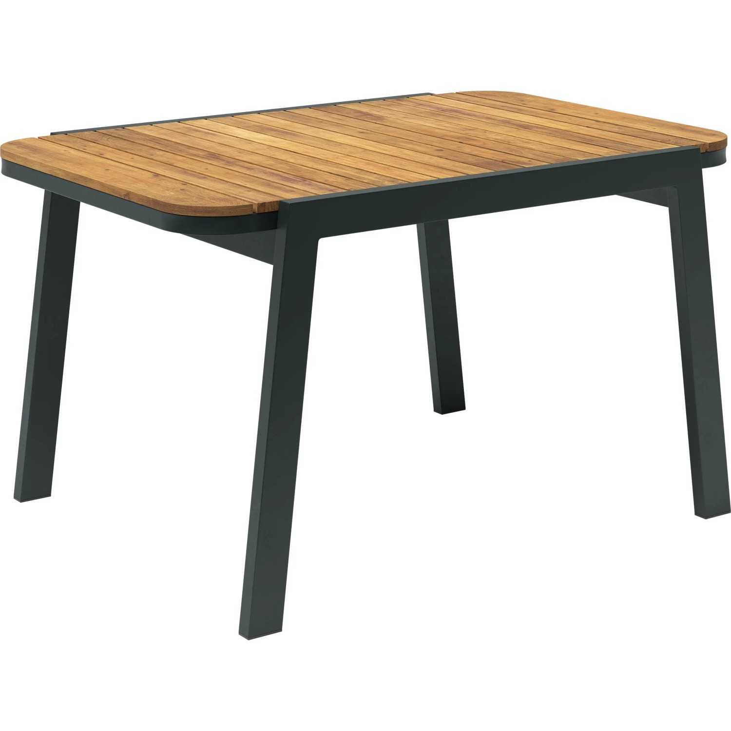 Tisch des 4-teiligen Lounge-Sets Olary aus Akazienholz und schwarzem Aluminium.