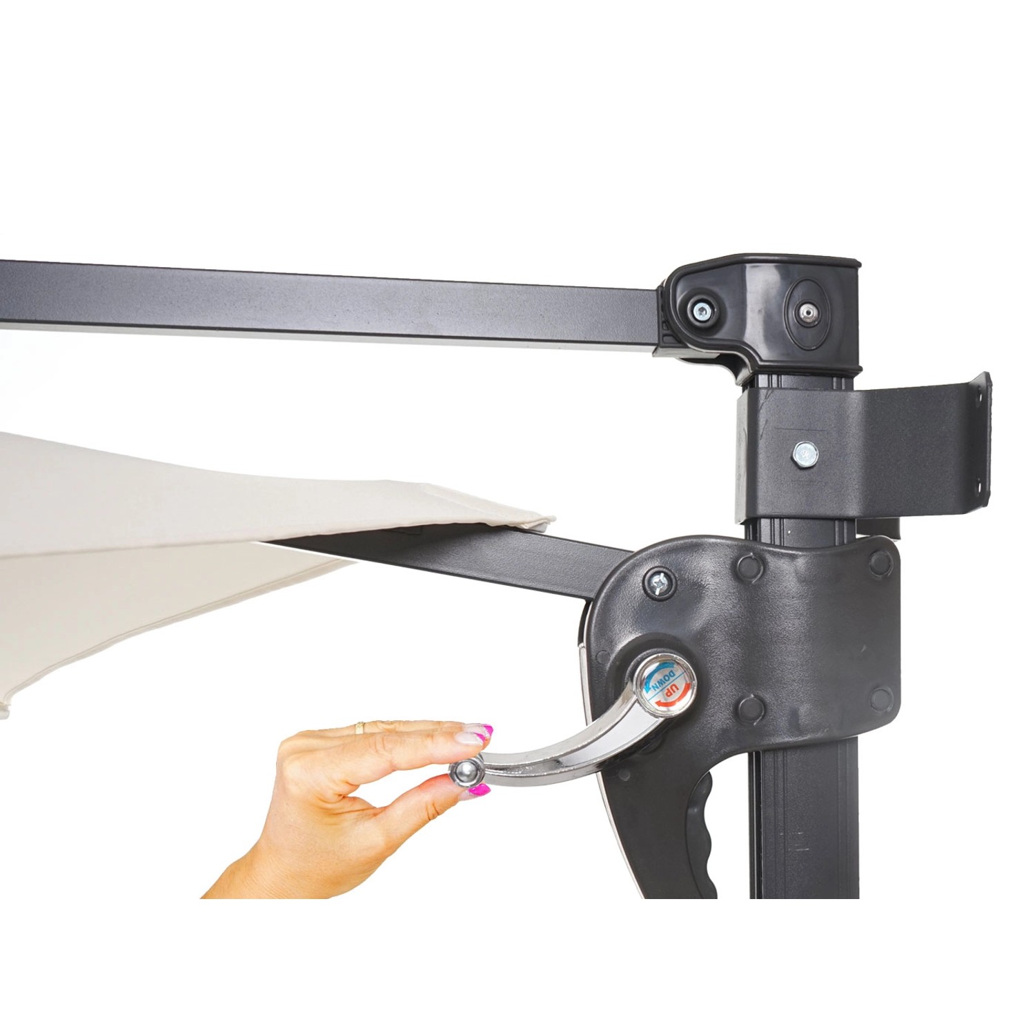 Detailaufnahme: MCW Wandschirm Acerra 3m in Creme, Neigungsmechanismus mit Handkurbel.