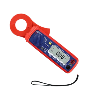 PCE Stromzange LCT 1 zur Leckstrommessung, rot/blau, mit Display und Drehknopf.