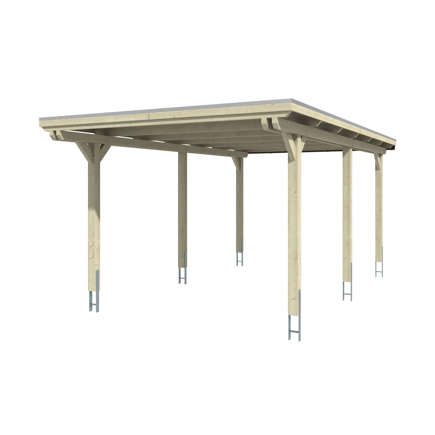 Skan Holz Einzelcarport Emsland mit Flachdach und sechs Pfosten aus Leimholz.