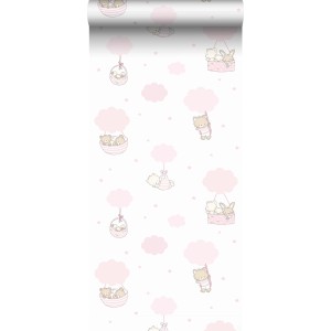 Dekorative Papiertapete mit rosa Wolken und niedlichen Tieren in Körben auf weißem Grund. Ideal für Kinderzimmer.
