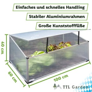TTL Garden Frühbeet-Aufsatz aus Aluminium, 100x60x40 cm, für Hochbeet zur Pflanzenanzucht.