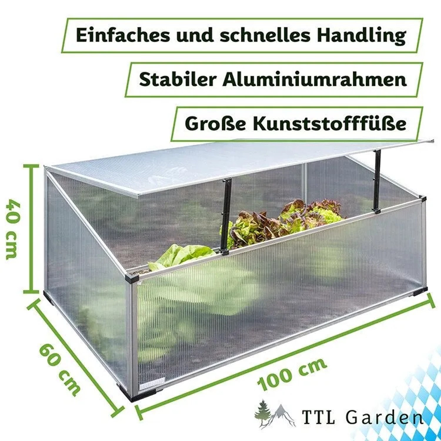 TTL Garden Frühbeet-Aufsatz aus Aluminium, 100x60x40 cm, für Hochbeet zur Pflanzenanzucht.