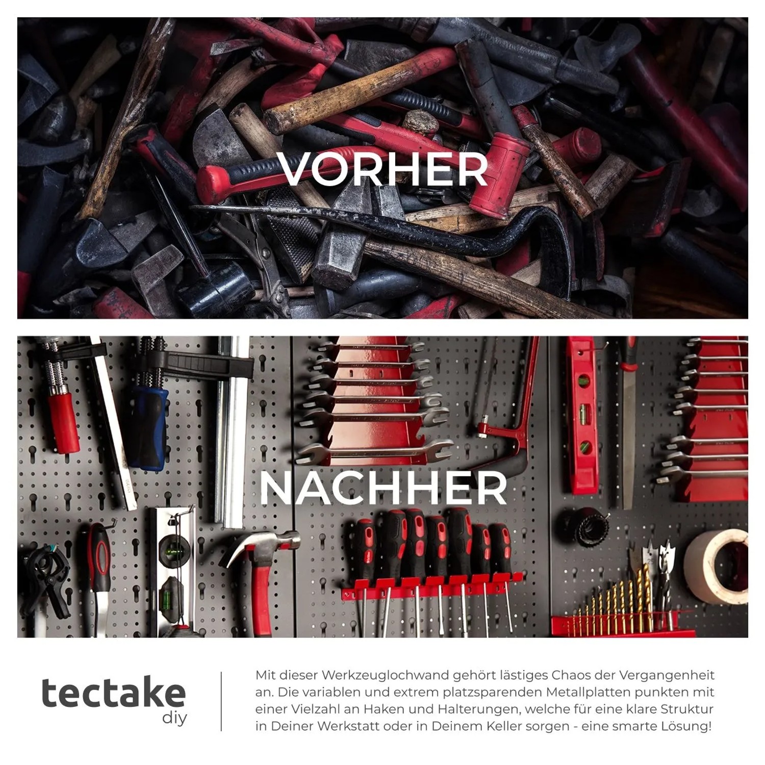 Tectake Werkzeuglochwand, dreiteilig, mit Werkzeugen, Vorher-Nachher-Vergleich.