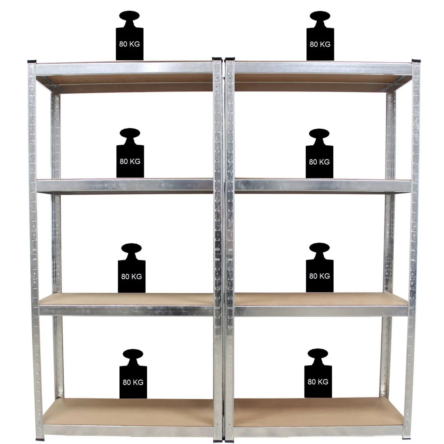 2er Set TRUTZHOLM Schwerlastregale, 160x80x40 cm, mit je 4 Böden und Gewichten auf den Böden.