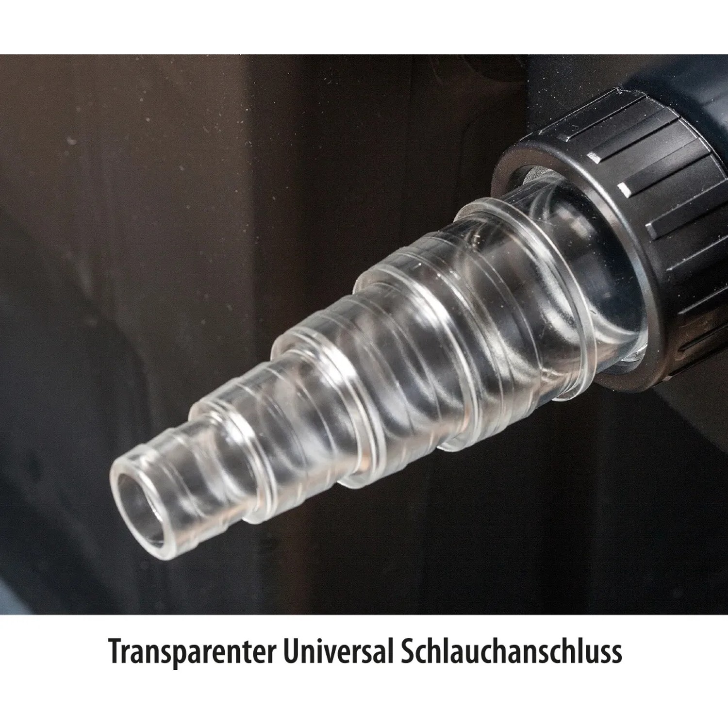 Detailaufnahme: Transparenter Schlauchanschluss am Heissner Durchlauffilter-Set für Teiche.