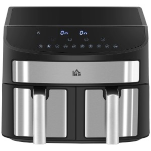 HOMCOM Heißluftfritteuse mit Doppelkammer, 2400 W, schwarz. Airfryer mit zwei Fächern.