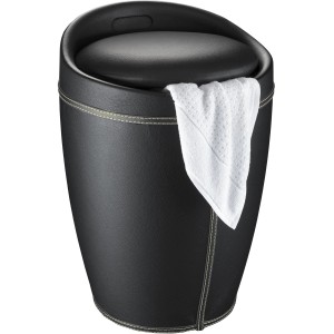 Wenko Badhocker Candy in Schwarz Lederoptik mit Handtuch, Sitzhocker und Wäschesammler.