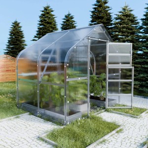 Klasika Greenhouses Drop Gewächshaus 5m² mit Polycarbonatabdeckung und geöffneter Tür.