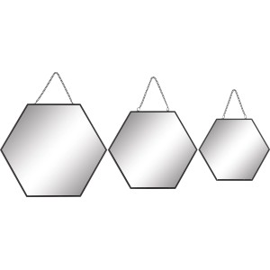 Wandspiegel-Set Minimalist Zen, 3 sechseckige Spiegel mit schwarzen Metallrahmen und Kettenaufhängung.