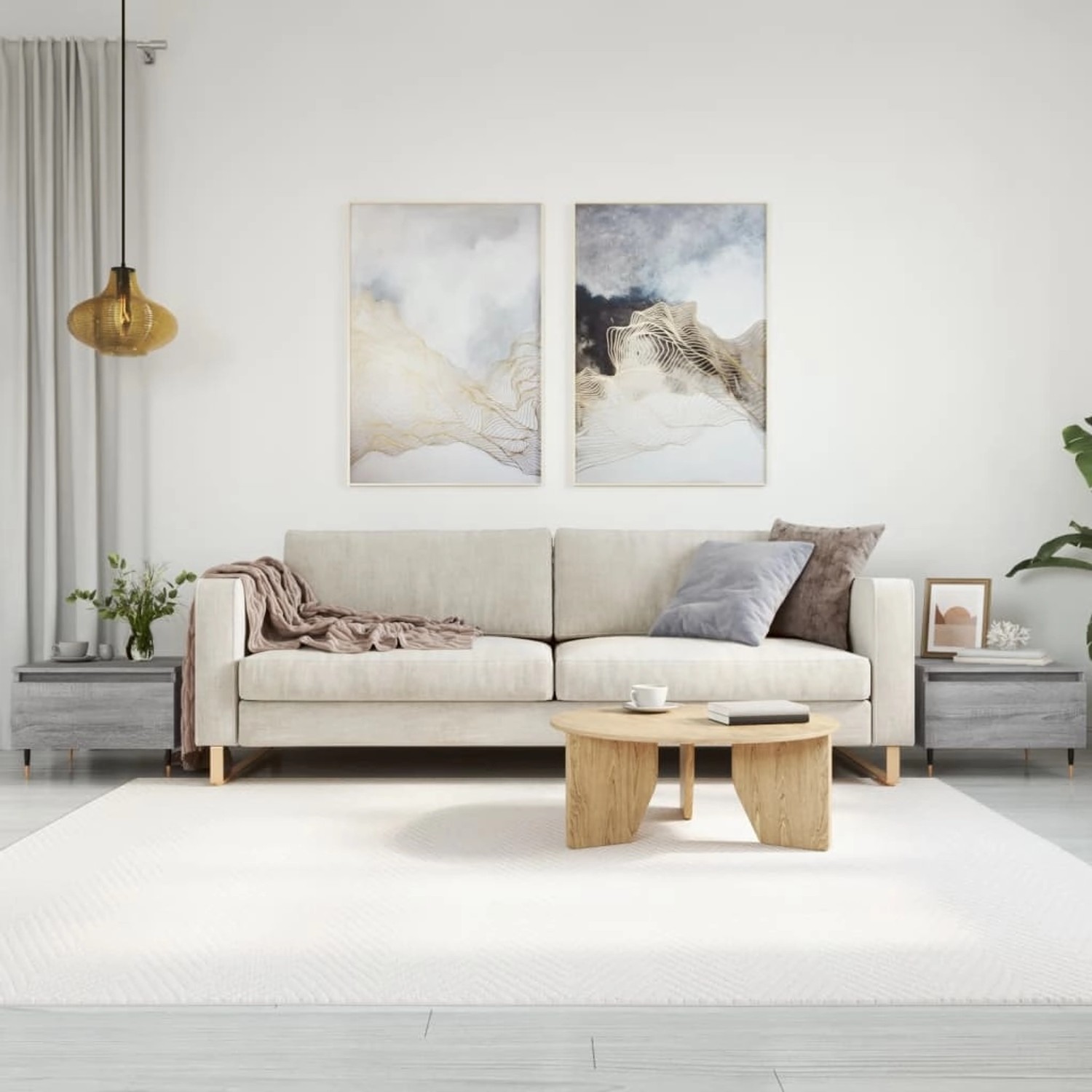 Set aus 2 grauen Couchtischen Sonoma (50x46x35 cm) aus Holzwerkstoff im Wohnzimmer.