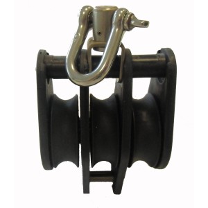 Seilflechter Block mit 3 Rollen, Wirbel und Schäkel, geeignet für Seile bis 10 mm.