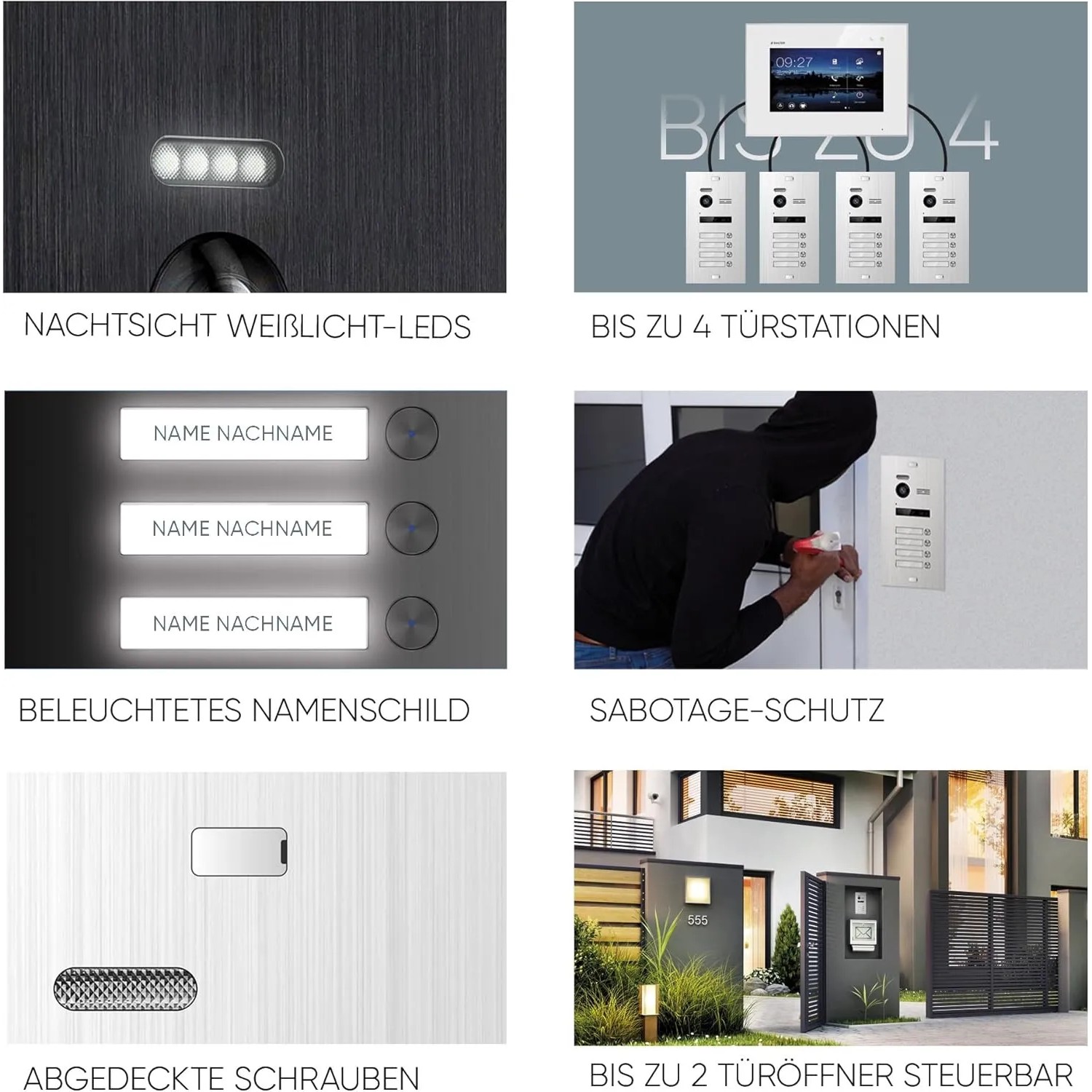 Details der Balter EVO-HD Video-Türsprechanlage mit Fingerprint: Nachtsicht, Namensschild, Sabotageschutz, Türöffner.