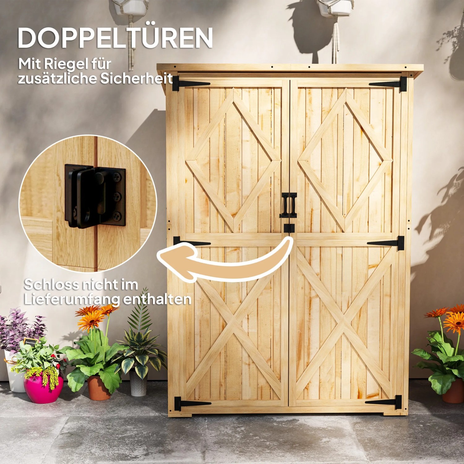 Outsunny Gartenschrank aus Tannenholz mit Doppeltüren und Riegel für Werkzeugaufbewahrung.
